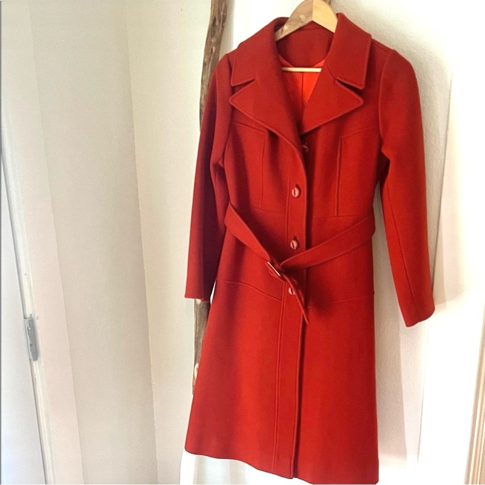 Vintage 70s Young Miss Rust Orange Brick Red Wool Trench Coat with Belt Small - Picture 9 of 9